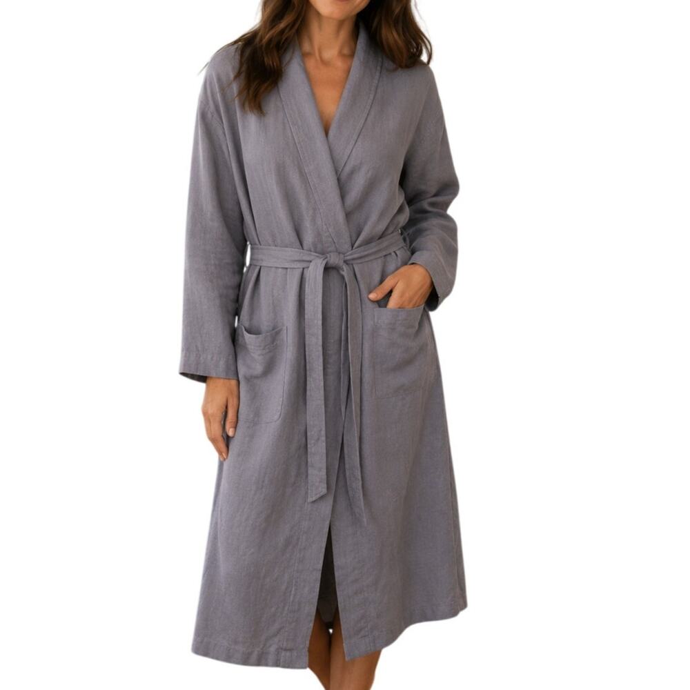 Coyuchi French Linen Robe Womens Small Periwinkle Blue Belted Organic